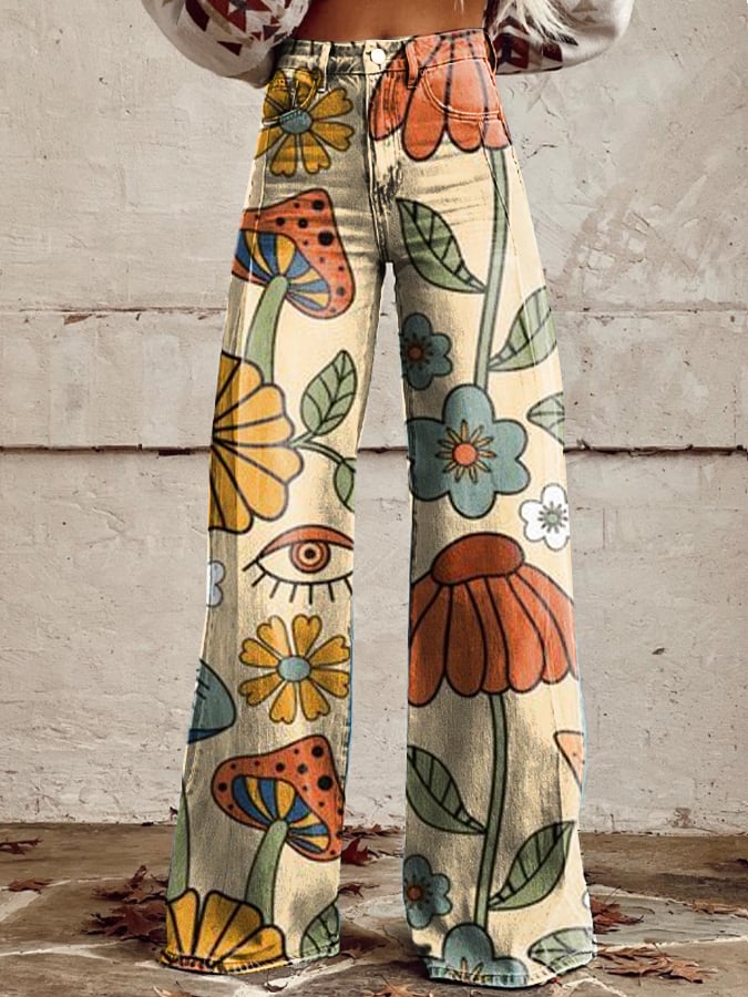 Federica™ | Pantaloni vintage boho con stampa a fungo
